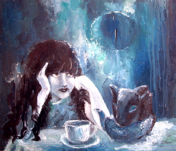 Svitlana Volkova. Dolů králičí norou. Bláznivý čajový dýchánek, 2015. Olej, plátno 60x70 Svitlana Volkova. Dolů králičí norou. Bláznivý čajový dýchánek