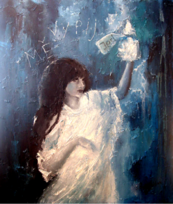 Svitlana Volkova. Vypij Mě, 2015. Olej, plátno 60x70 Dolů králičí norou. Vypij mě