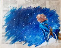 Naušika. Dle příběhu Hajaa Mijazakiho „Naušika z Větrného údolí". 2017. Kresba na noviny, tempera Naušika. Dle příběhu Hajaa Mijazakiho „Naušika z Větrného údolí". 2017. Kresba na noviny, tempera